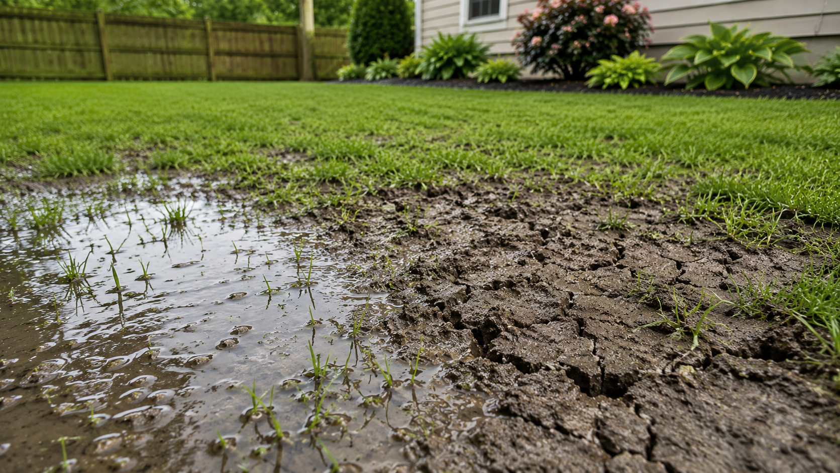 Standing water pooling on clay soil in a residential lawn after heavy rainfall