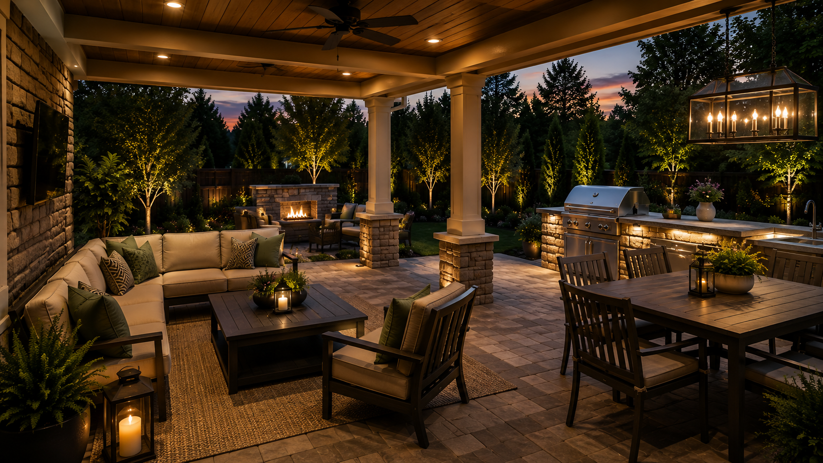 Covered outdoor living space with a pergola, lounge seating, outdoor kitchen, dining area, and landscape lighting designed for comfort and year-round enjoyment.