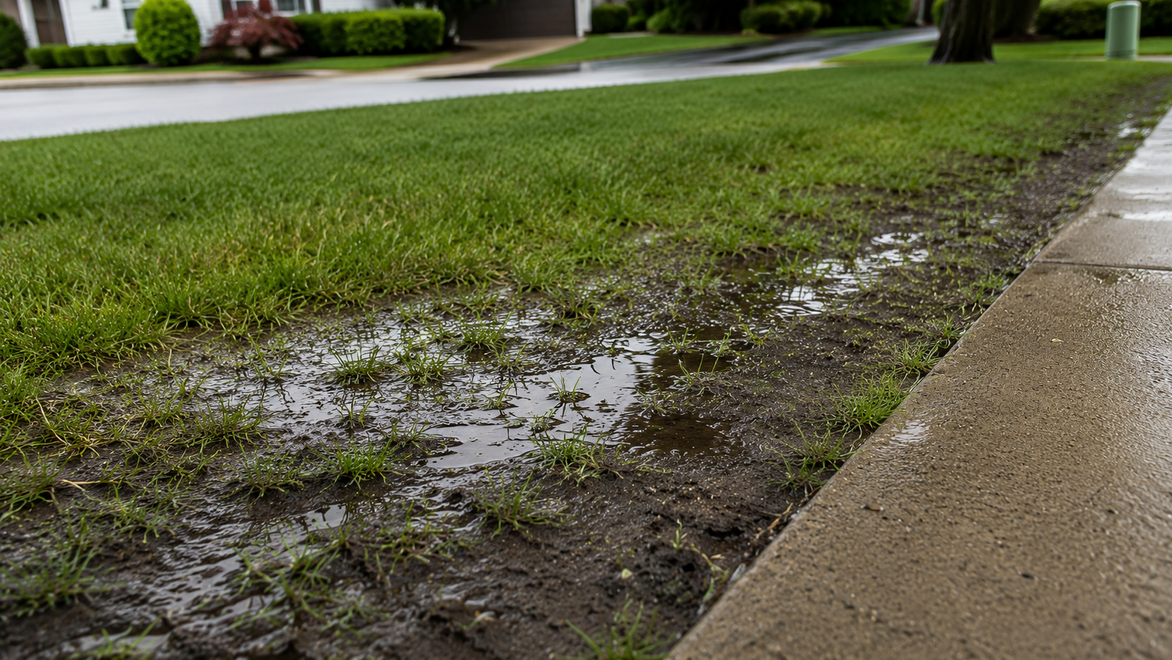 Standing water and runoff on a compacted lawn next to a sidewalk after heavy rain