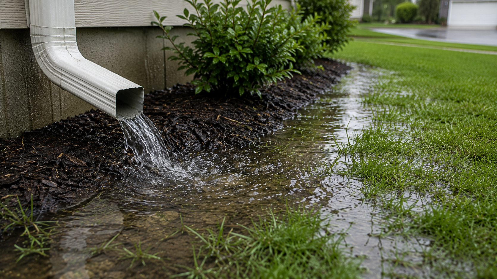 Rainwater flowing from a residential downspout and creating standing water near the home's foundation