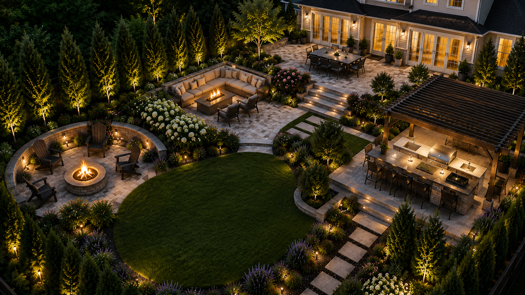 Concept landscape design showing a backyard divided into functional outdoor living spaces including a patio, fire pit, outdoor kitchen, dining area, and landscaped garden beds.