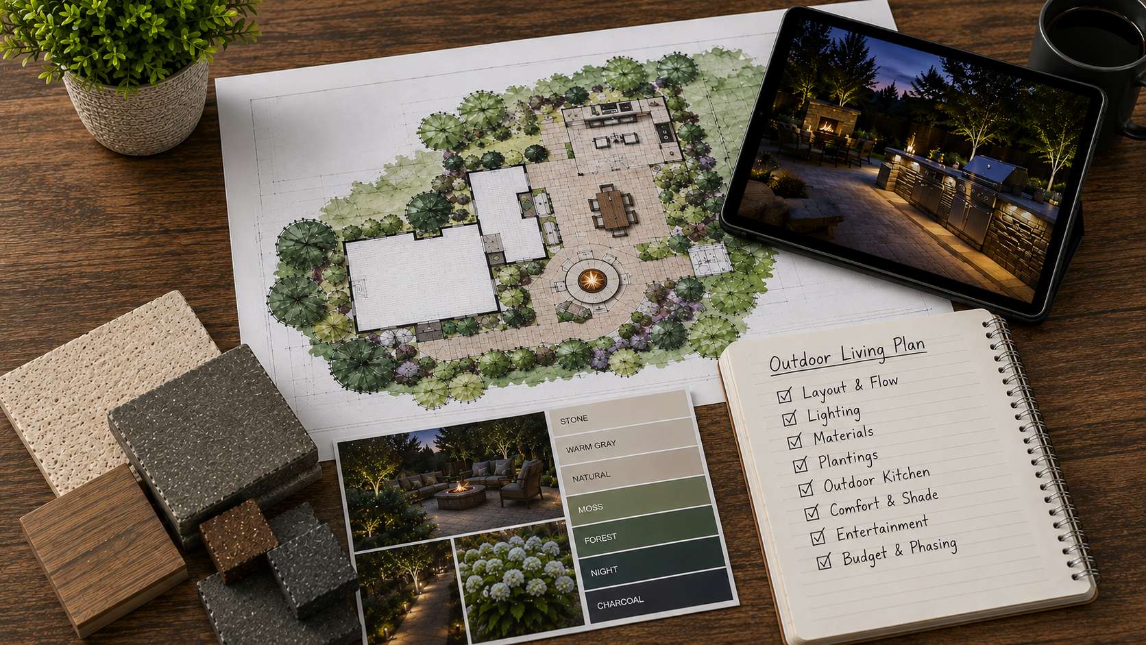 Outdoor living master plan with landscape design drawings, material samples, color palette, and project planning inspiration for a professionally designed backyard.