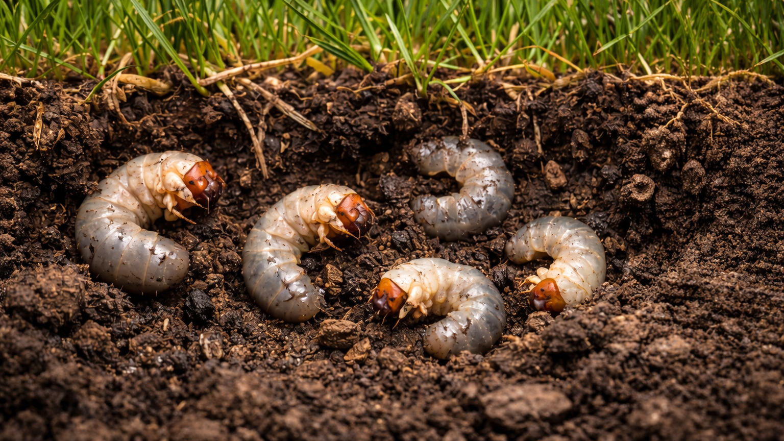 White lawn grubs worms beneath turf roots in Illinois soil