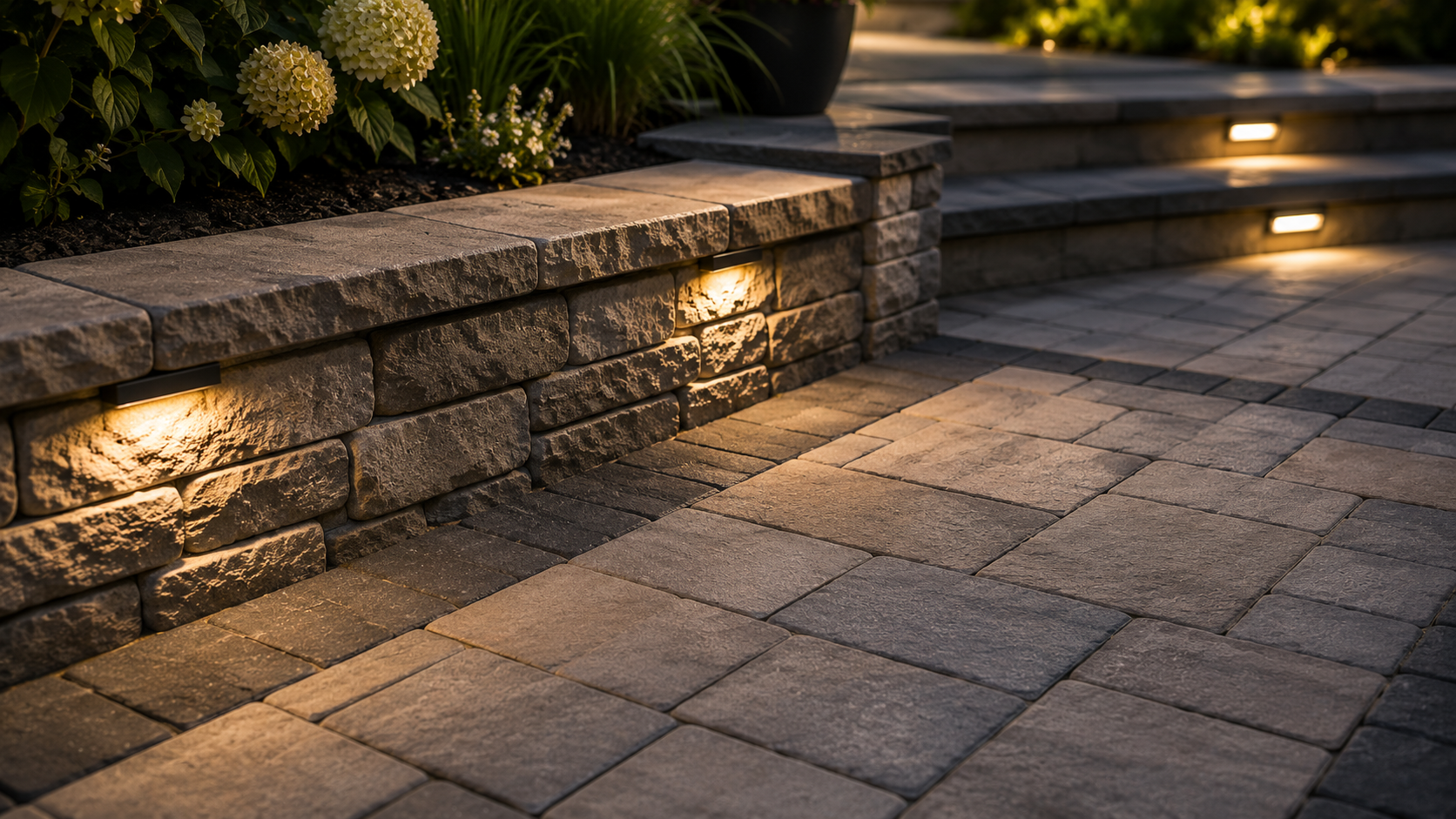 Close-up of a professionally installed paver patio and retaining wall featuring premium materials, clean joint lines, integrated lighting, and expert craftsmanship.