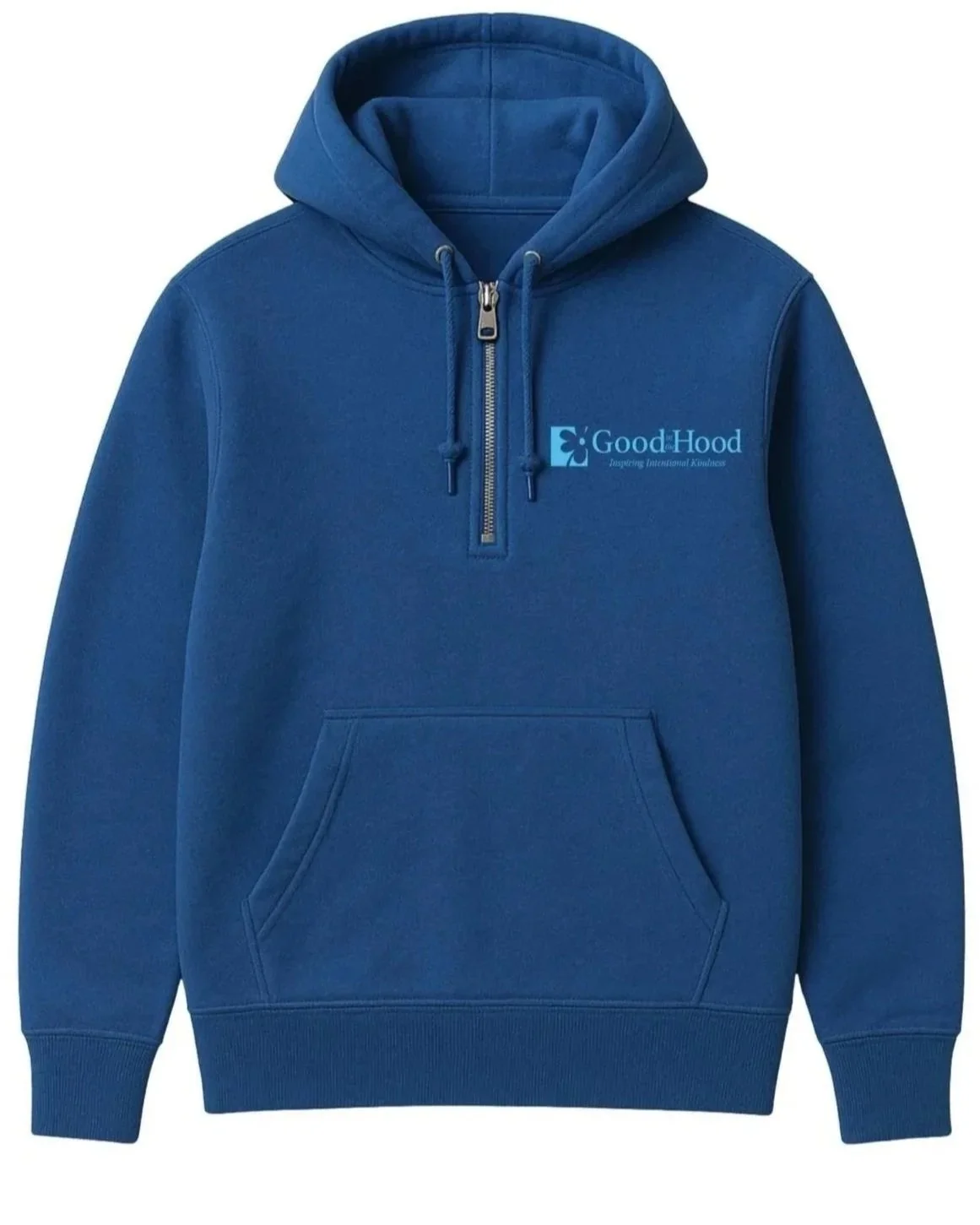 Blue hoodie with a front pocket and a half-zip, featuring a logo on the front that reads 'GoodHood' with a tagline underneath.