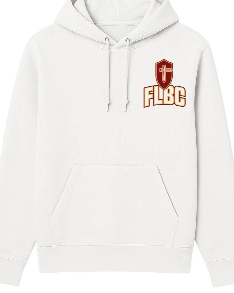A white hoodie with a logo on the upper left chest area that includes a cross inside a shield and the text 'FLBC' below it.
