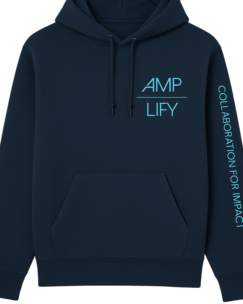 Navy blue hoodie with light blue text that reads 'AMP' and 'LIFY' separated by a line, with the word 'COLLABORATION FOR IMPACT' on the sleeve.
