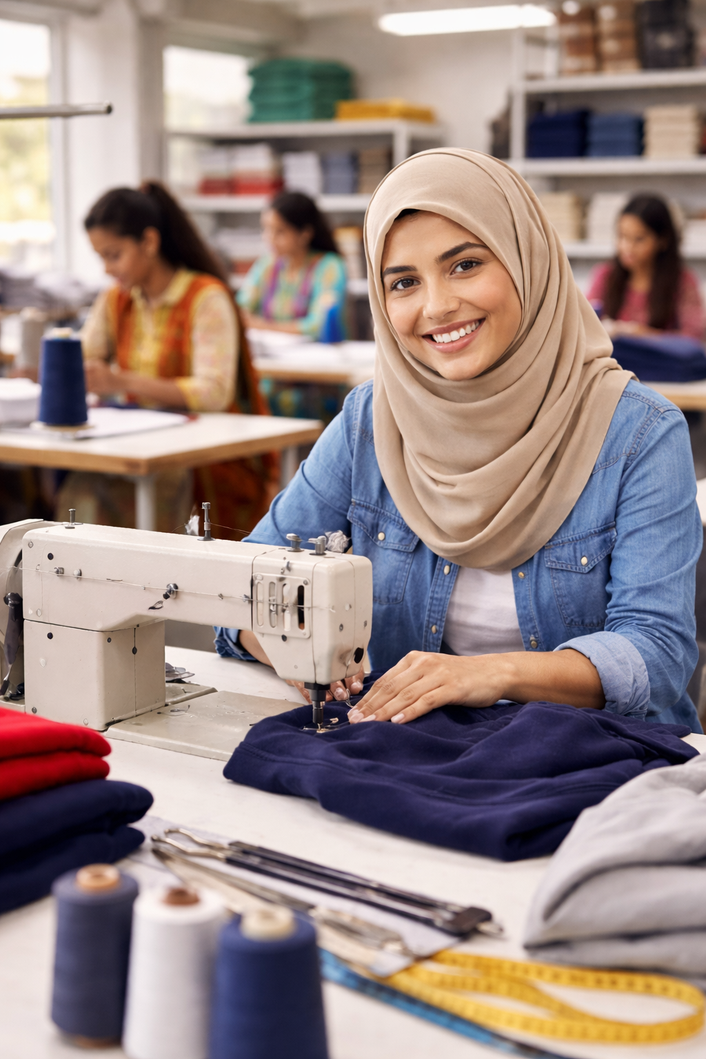 Smiling woman wearing a beige hijab and denim shirt sewing fabric on a sewing machine in a classroom with other women working in the background.