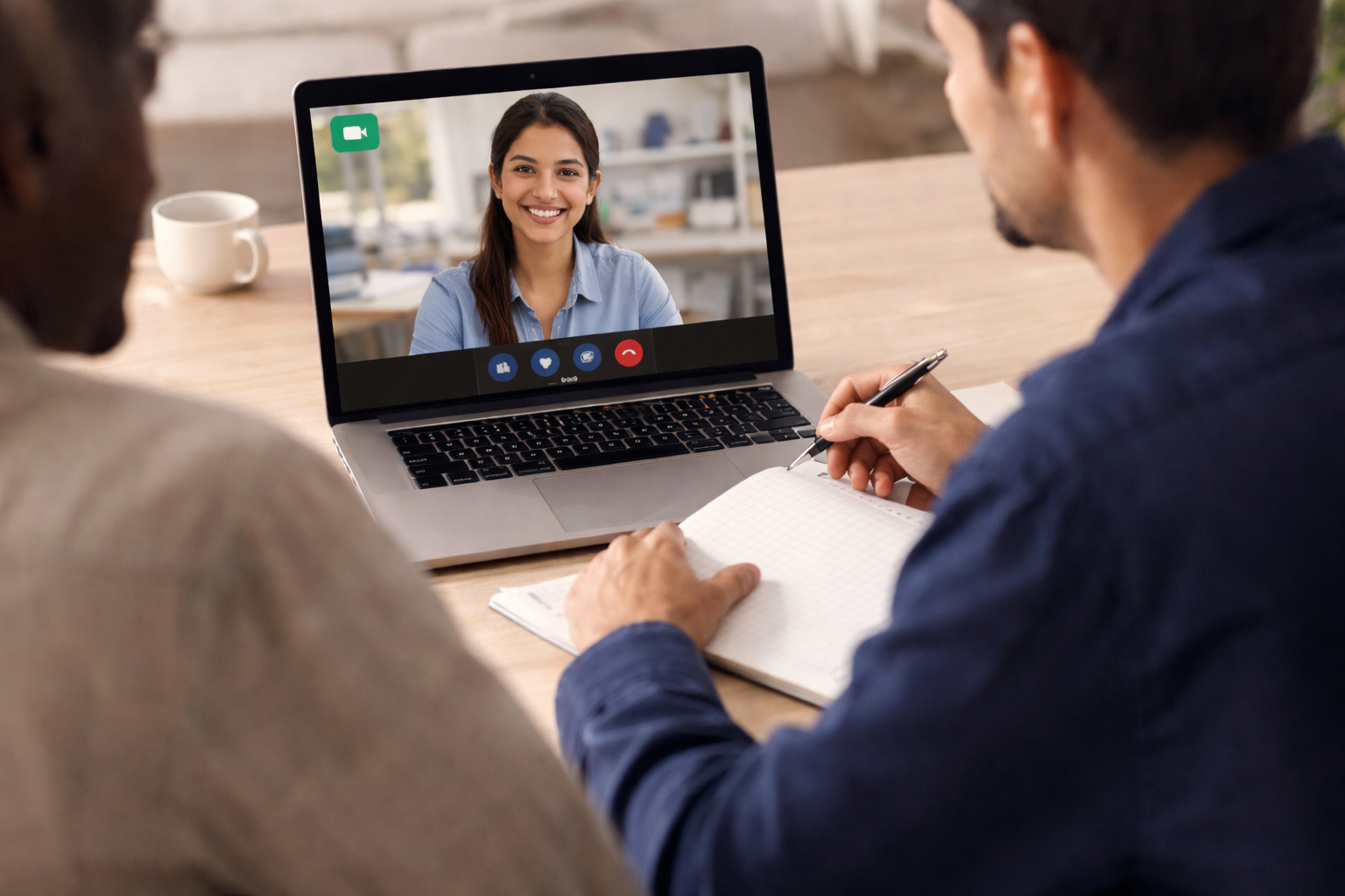 Two people sitting at a table during a video call on a laptop, with the woman smiling on the screen.