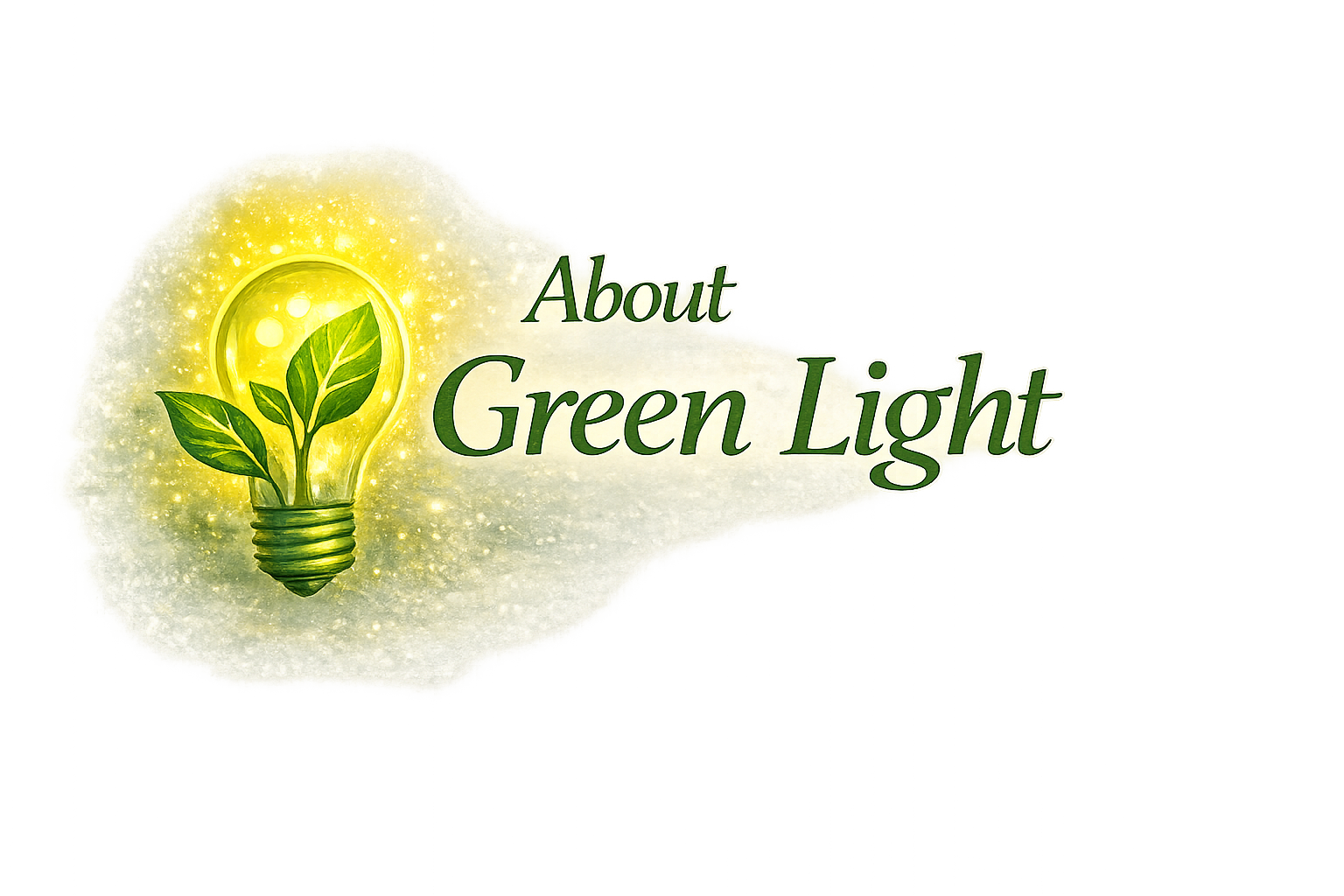 A graphic with a glowing light bulb that has green leaves inside, symbolizing eco-friendly energy, with the text 'About Green Light' next to it.