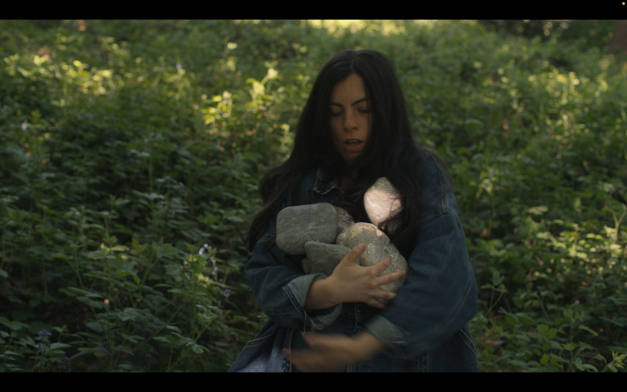 A woman with long dark hair wearing a denim jacket is in a green outdoor setting, holding a cluster of several stones of different sizes and colors.