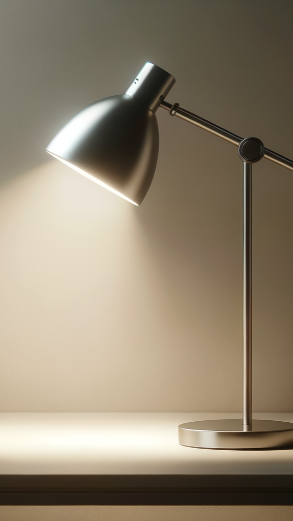 Lampe de bureau moderne en métal sur une surface blanche, éclairant doucement un mur beige.