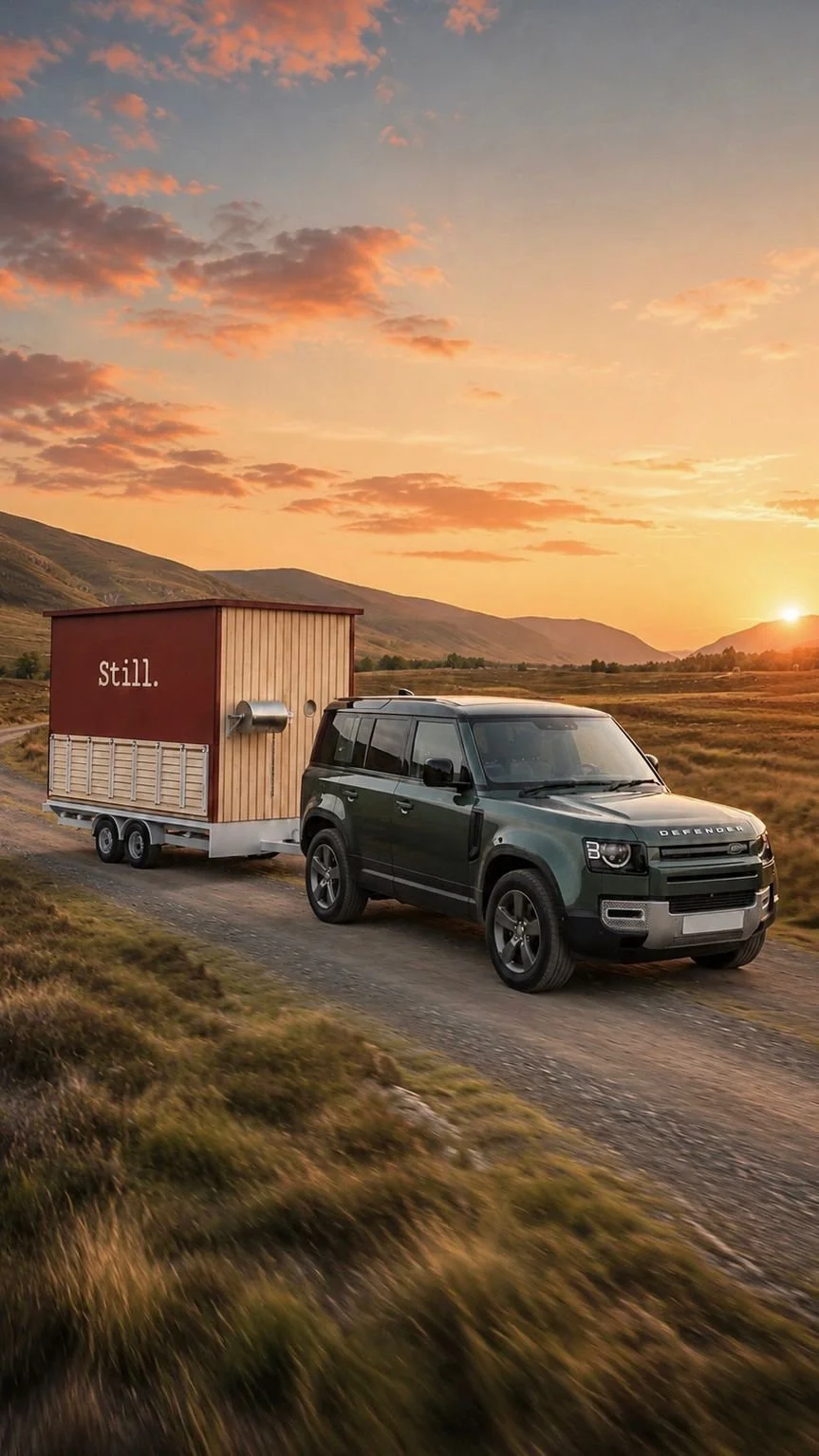 Still wellness sauna trailer image shows a black Land Rover Defender towing a wooden sauna trailer driving on a dirt road through scottish highlands on a grassy landscape during sunset.