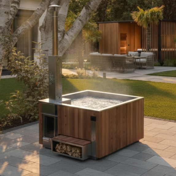 Outdoor hot tub with steam rising, situated on a tiled patio in a backyard with trees, a grassy area, and outdoor seating.