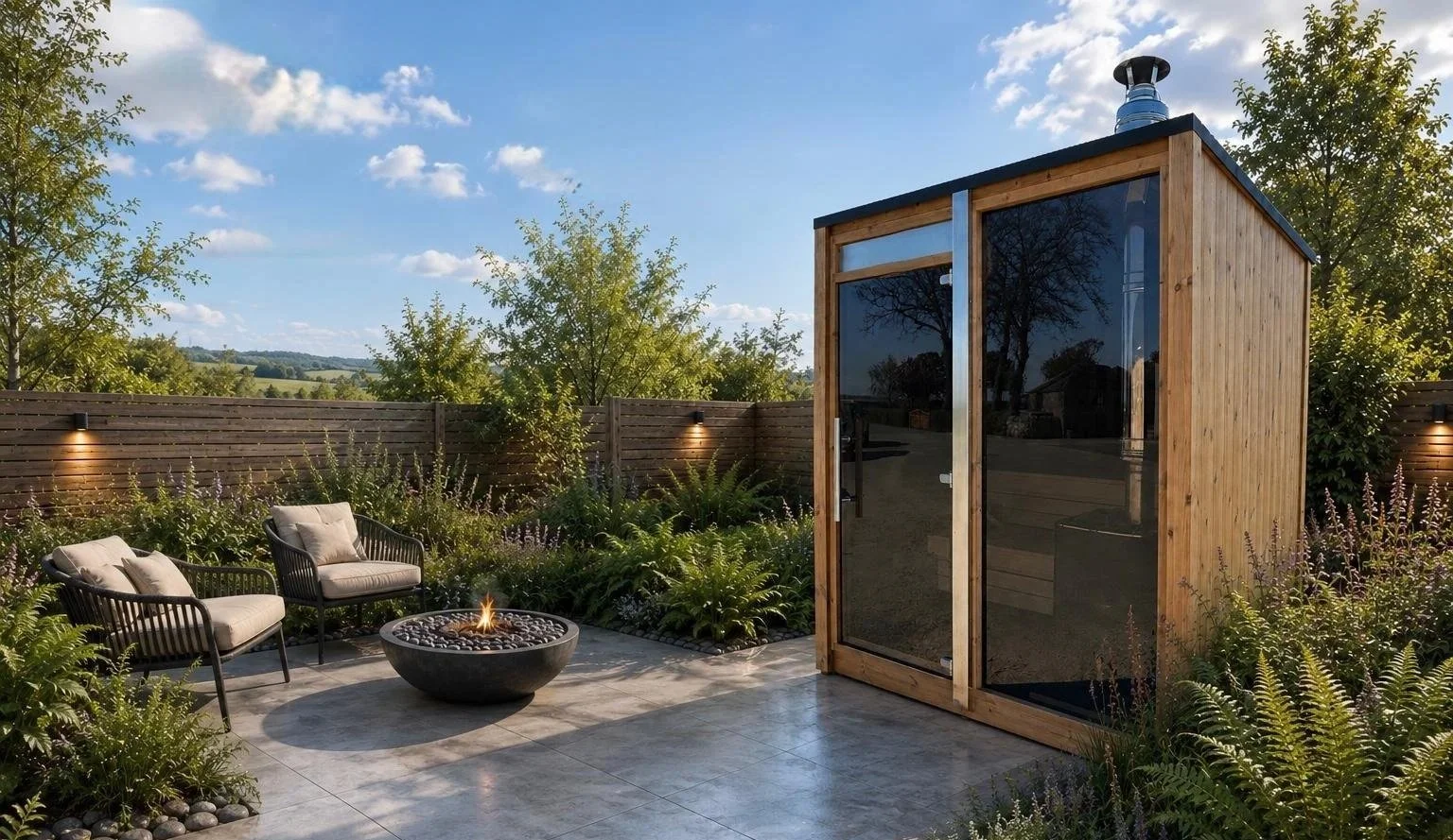 Images shows a cube shape home sauna placed in a modern contemporary garden space in Edinburgh Scotland, Still Wellness sauna for home use, Modern garden with sauna, ferns and planting and seated fire pit