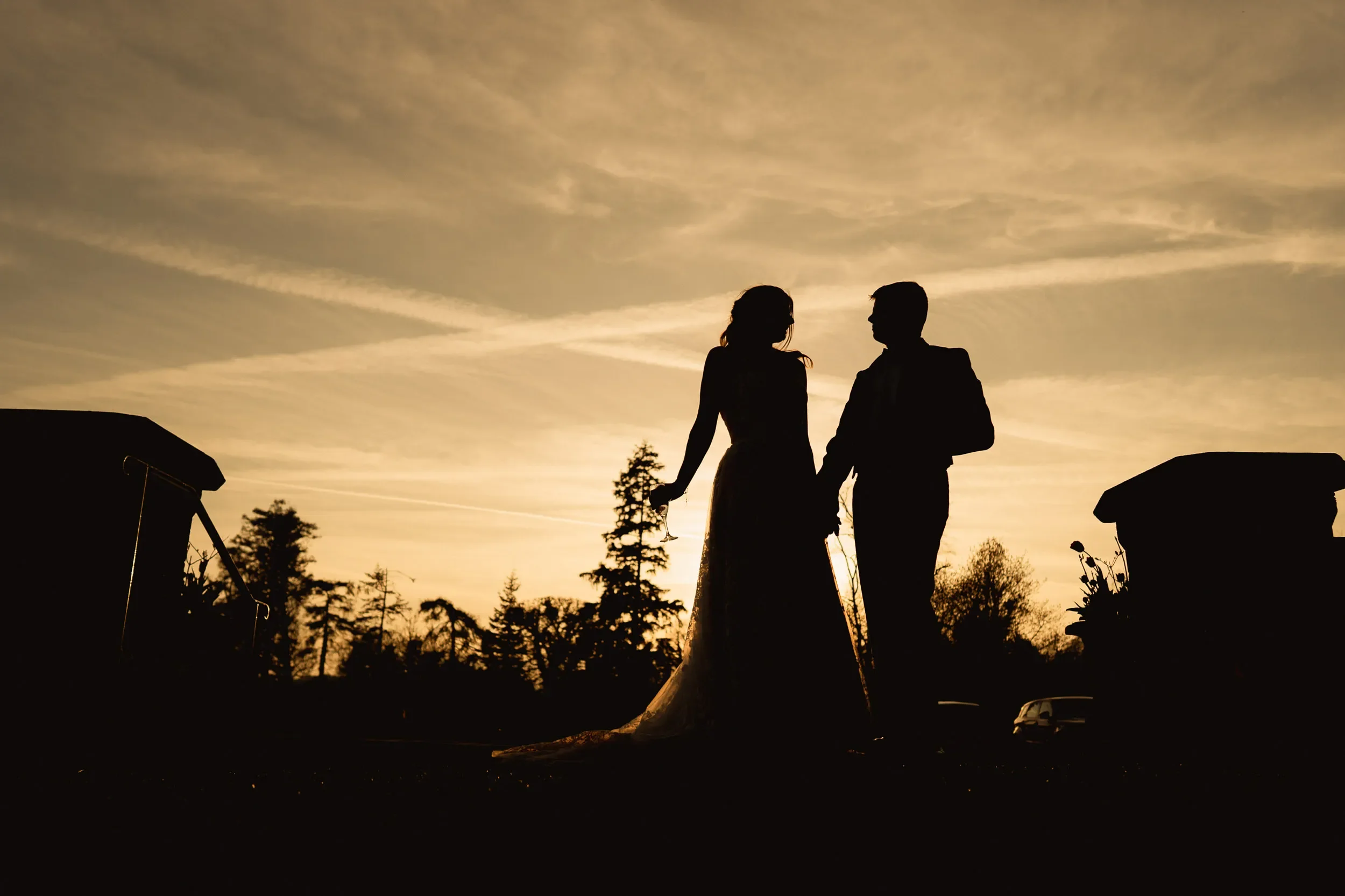 Silhouette of a couple holding hands at sunset, with trees and cars in the background.