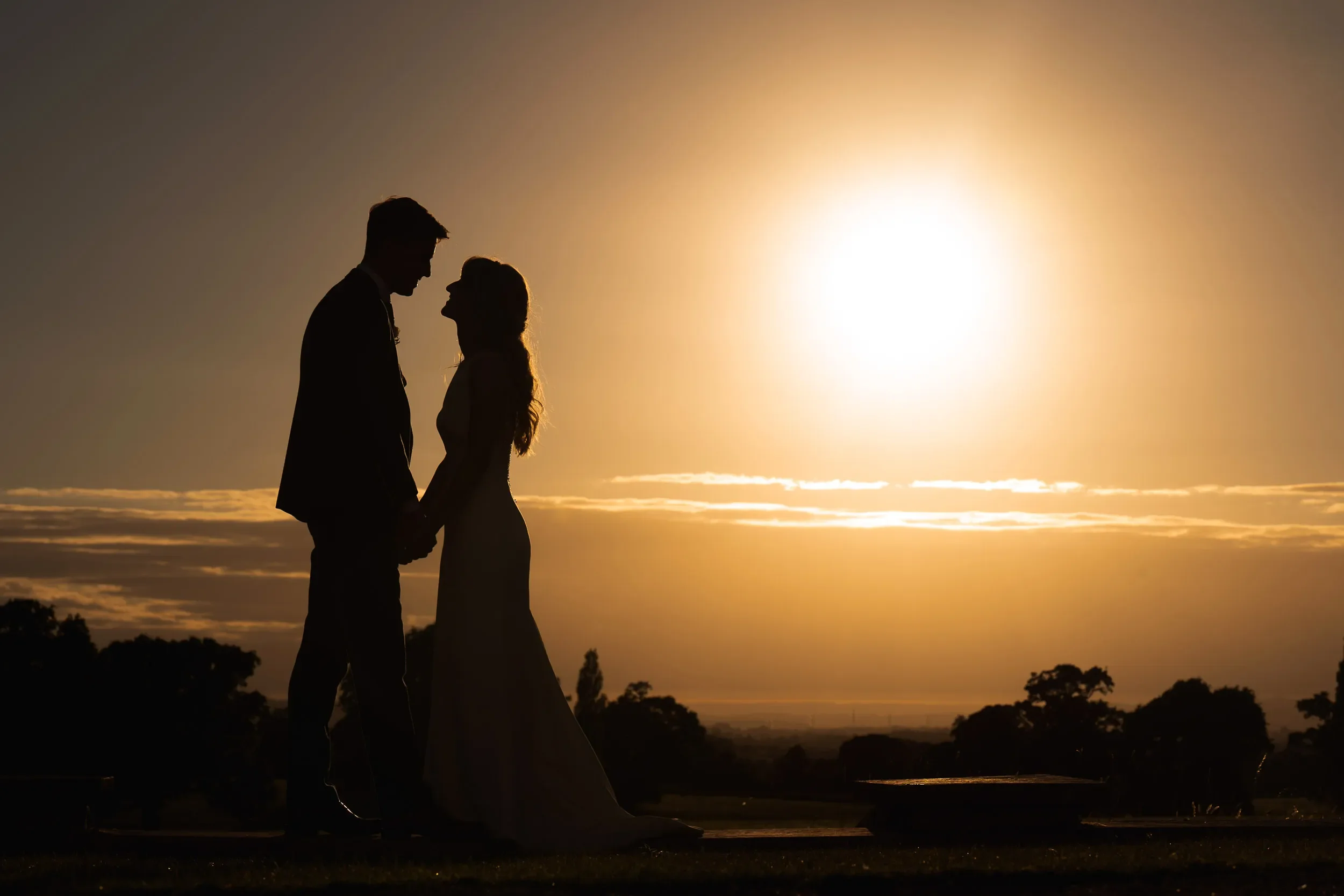 Silhouette of a couple holding hands and facing each other during sunset.