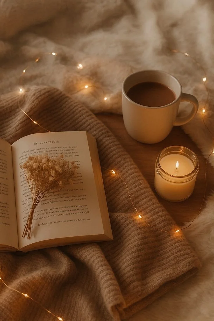 A cozy scene with an open book, a sprig of dried flowers on the page, a cup of hot chocolate, a lit candle, and warm fairy lights on a blanket.