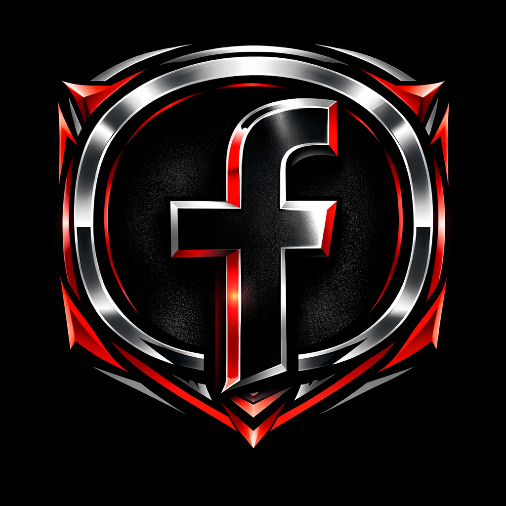 A stylized Facebook logo with a black background, featuring a metallic and red outline design.