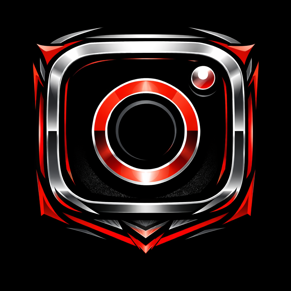 Stylized, digital illustration of a camera lens with red, black, and silver accents on a black background.