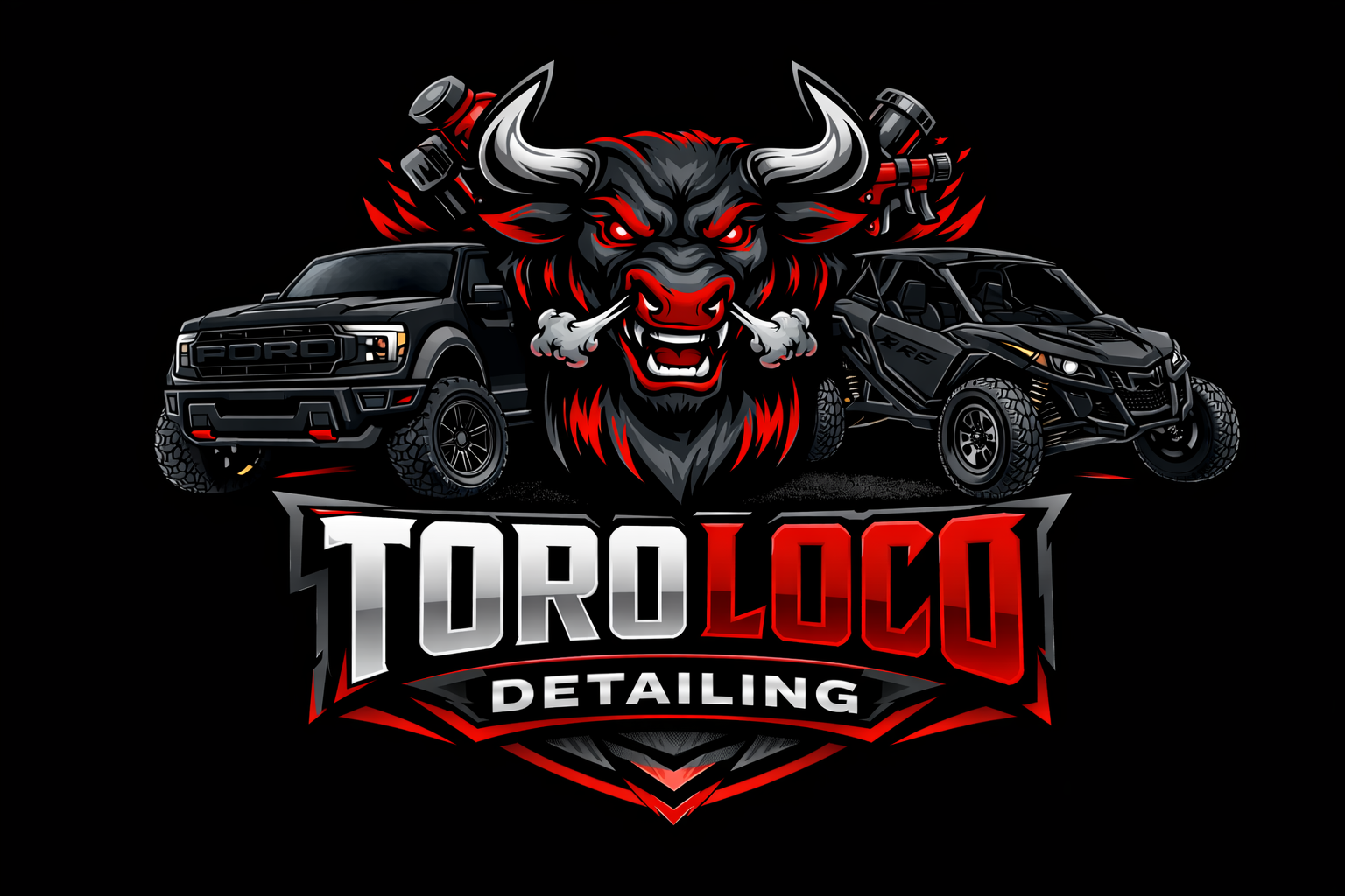 A graphic logo featuring a fierce bull's head with red eyes and horns, flanked by a black Ford truck on the left and a black off-road vehicle on the right. The logo includes bold text reading 'TOROLOCO DETAILING' with red, black, and white colors, and has a dark background.