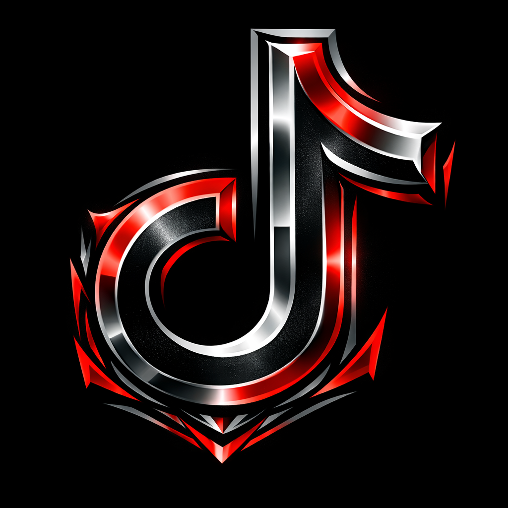 Stylized TikTok logo with metallic black, red, and silver design on a black background.