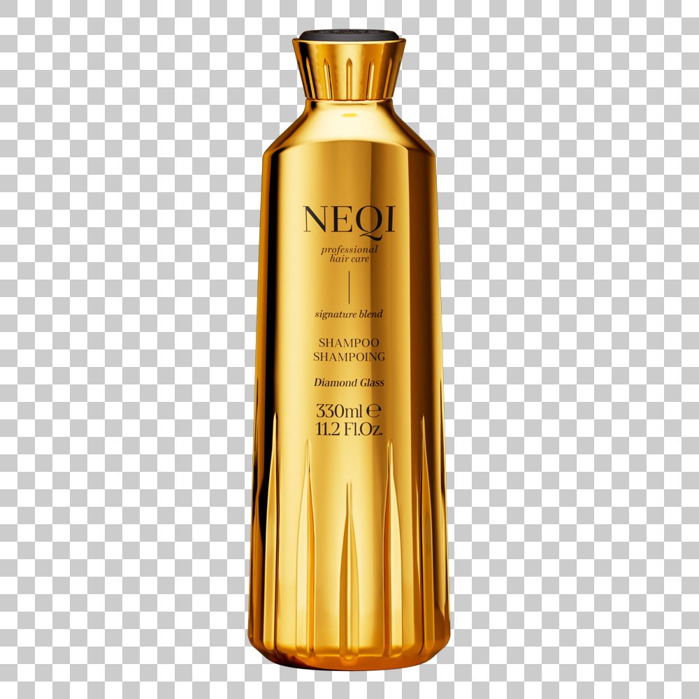 Goldene Flasche Shampoo mit schwarzem Deckel, Beschriftung 'NEQI professional hair care, signature blend, Diamond Glass, 330ml'}
