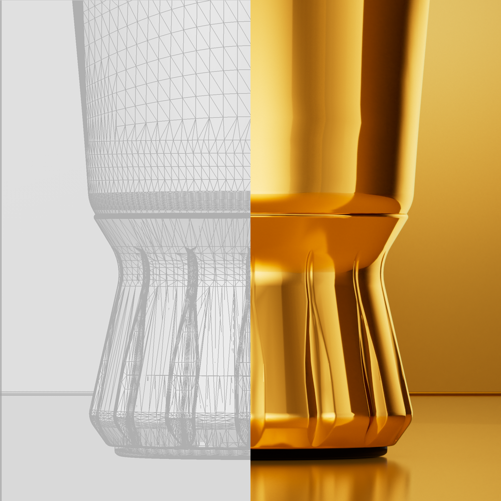 Ein halb transparenter 3D-Render eines goldfarbenen Stuhls mit einer sichtbaren Drahtgitterstruktur, die auf der linken Seite zu sehen ist, und der vollständige, reflektierende goldene Stuhl auf der rechten Seite.