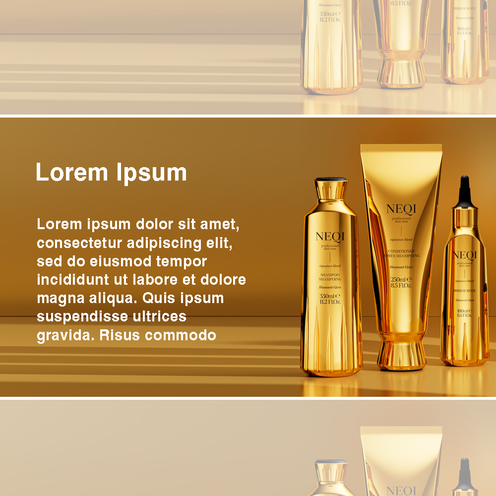 Drei goldene Kosmetikflaschen und -tuben auf einem goldfarbenen Hintergrund, teilweise überlappend, mit Text