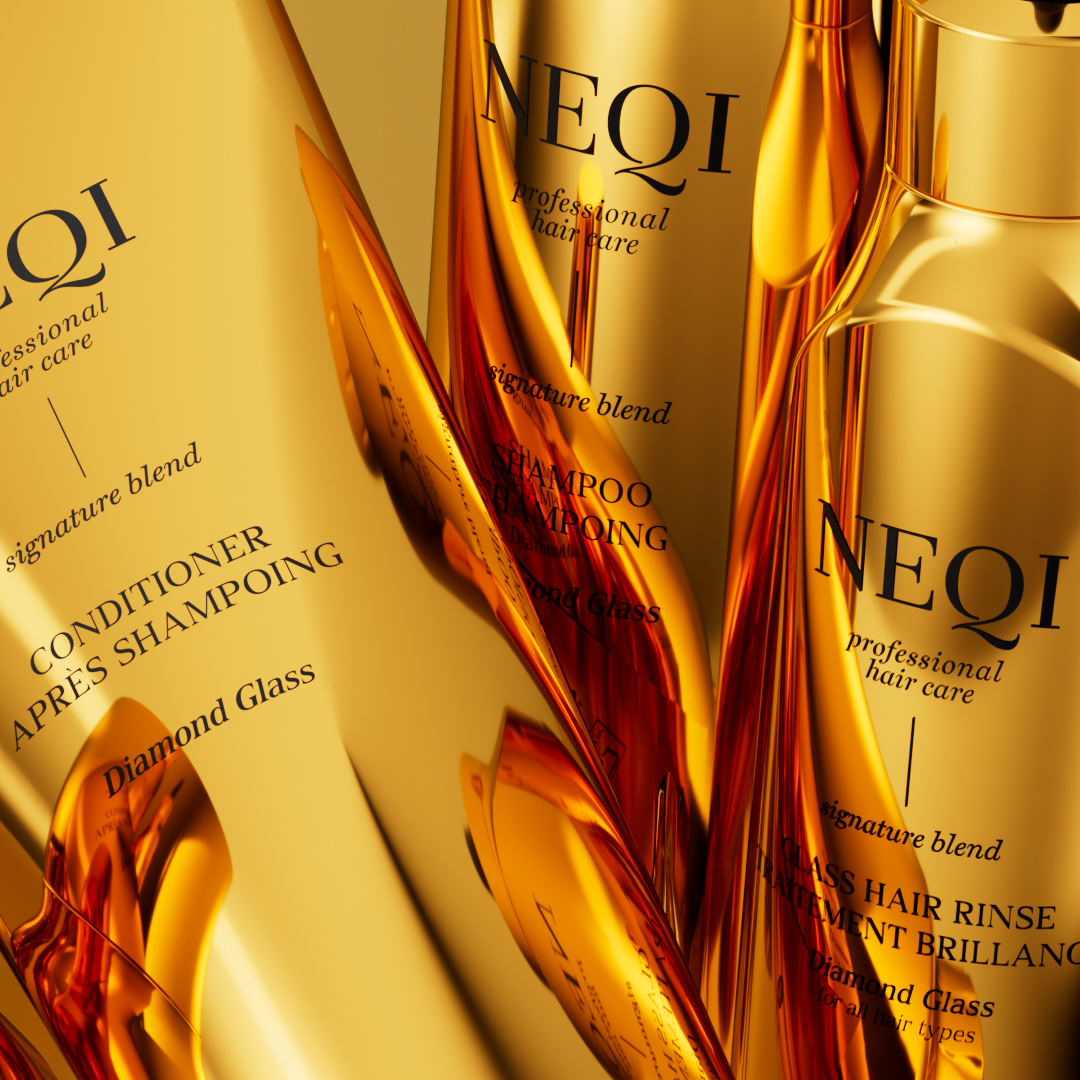 Goldene Flaschen mit schwarzem Text, depicting NEQI Haarpflegeprodukte, Shampoo, Conditioner, Gläser, und Beschreibungen wie 'Signature blend' und 'Diamond Glass'