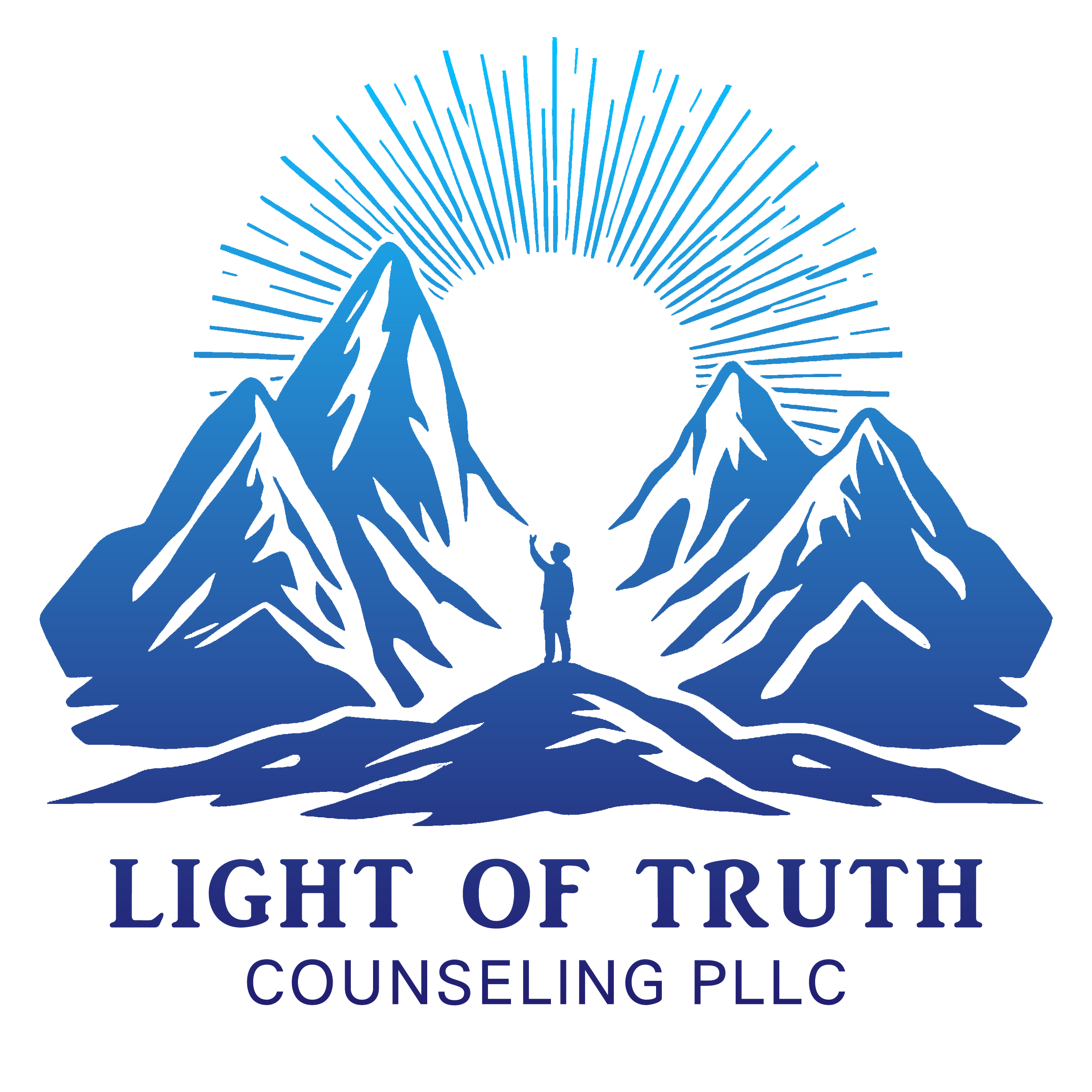 A mountain landscape with a person standing on a rock in front of tall mountains, a bright sun with rays shining behind, and the text "Light of Truth Counseling PLLC" below.