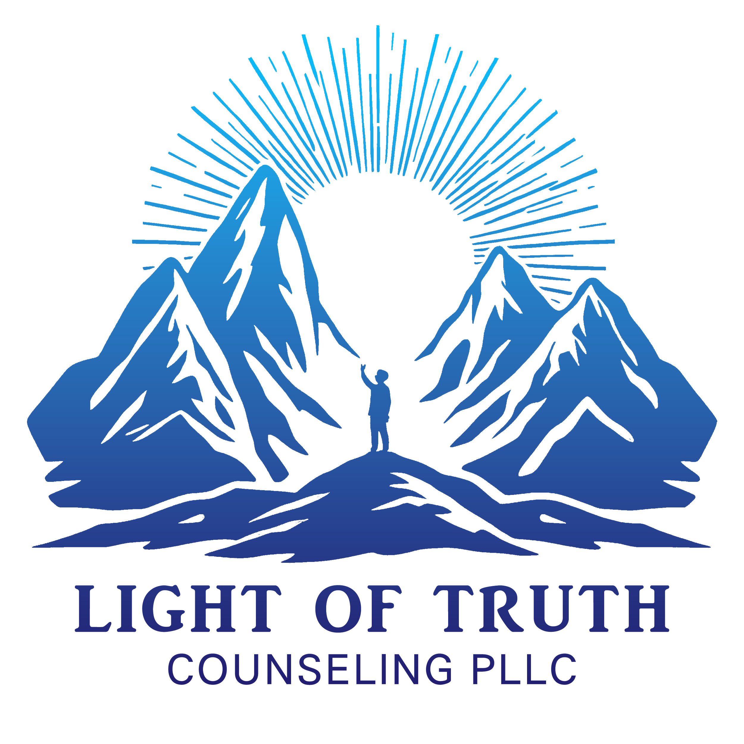 Logo for Light of Truth Counseling PLLC featuring mountains, a person standing on a rock, and a sun with rays in the background.