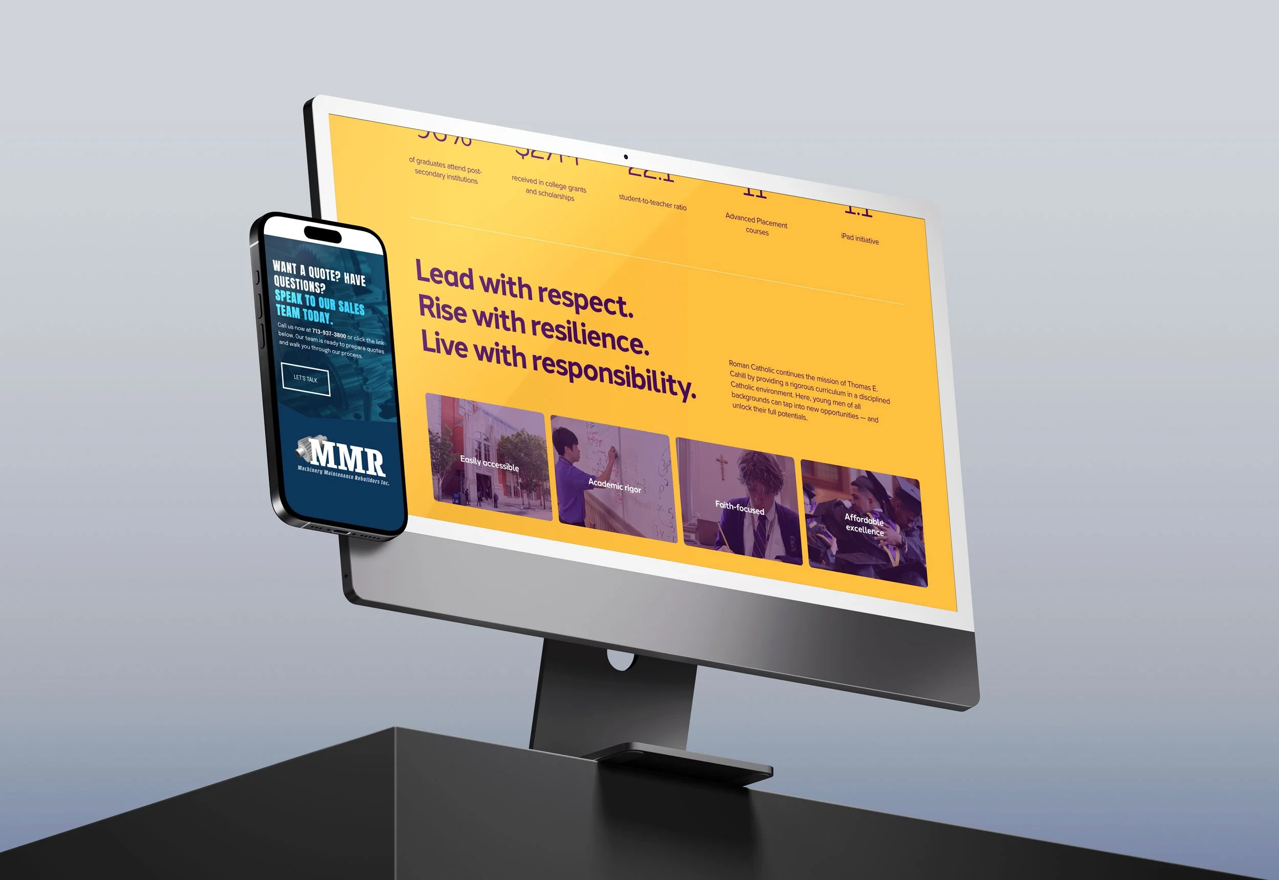 Computer monitor displaying a website with a yellow background and purple text, and an iPhone showing an advertisement for a sales team with booking info.