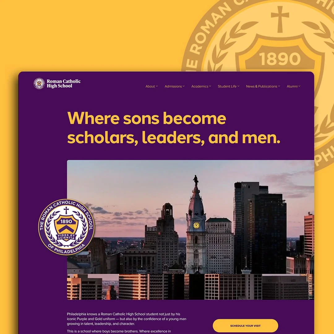 Screenshot of the Roman Catholic High School website with a cityscape background, featuring a large purple header with yellow text and the school's crest.