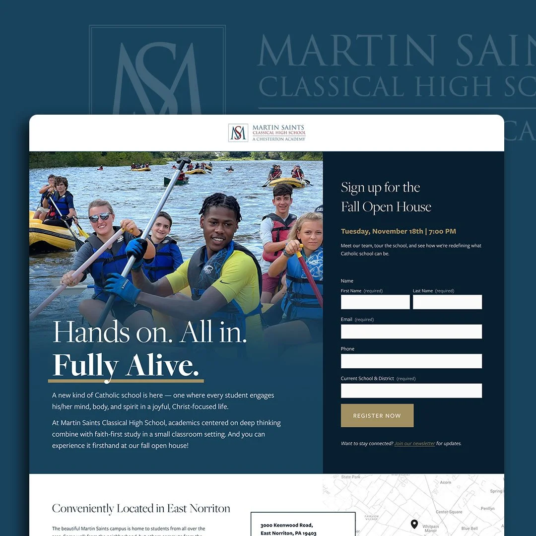 Flyer for Martin Saints Classical High School's Fall Open House with a photo of students in kayaks on the water.