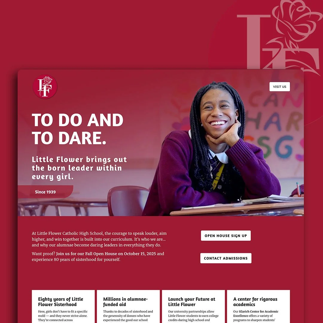 A young girl in a maroon sweater smiling and sitting at a desk in a classroom with a colorful background. The website promotes Little Flower Catholic High School with a slogan 'To Do and To Dare.'
