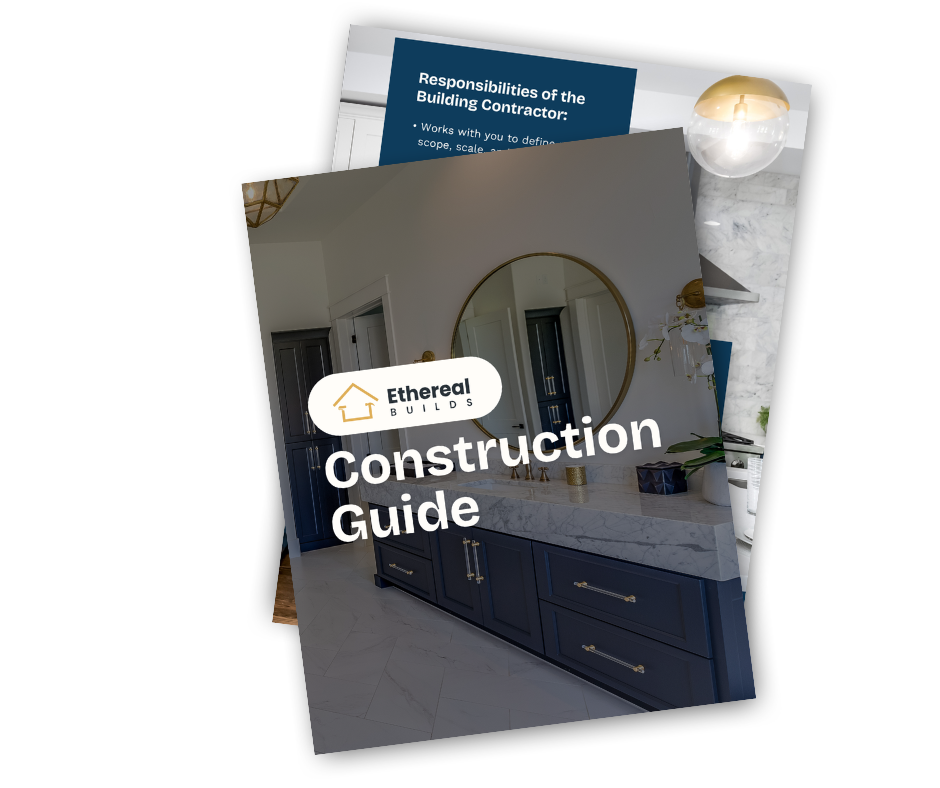 Construction guide booklet titled 'Ethereal Builds Construction Guide' featuring a modern bathroom interior with a large mirror, navy blue cabinets, and a marble countertop.