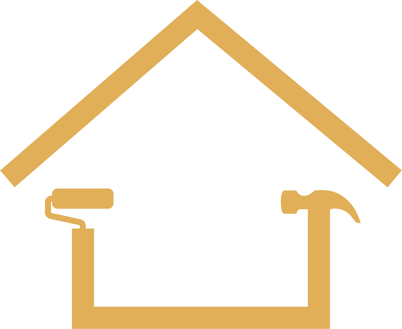 Icon of a house with a paint roller on the left side and a hammer on the right side.