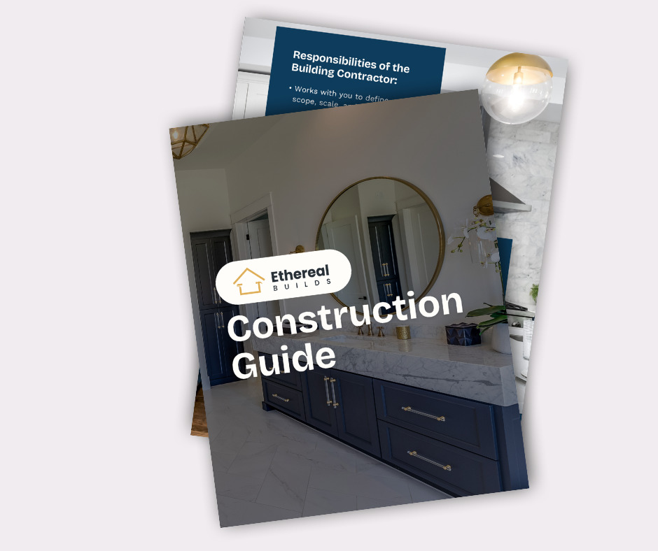 Construction guide brochure from Ethereal Builds featuring an interior bathroom with a large mirror and navy blue cabinets.