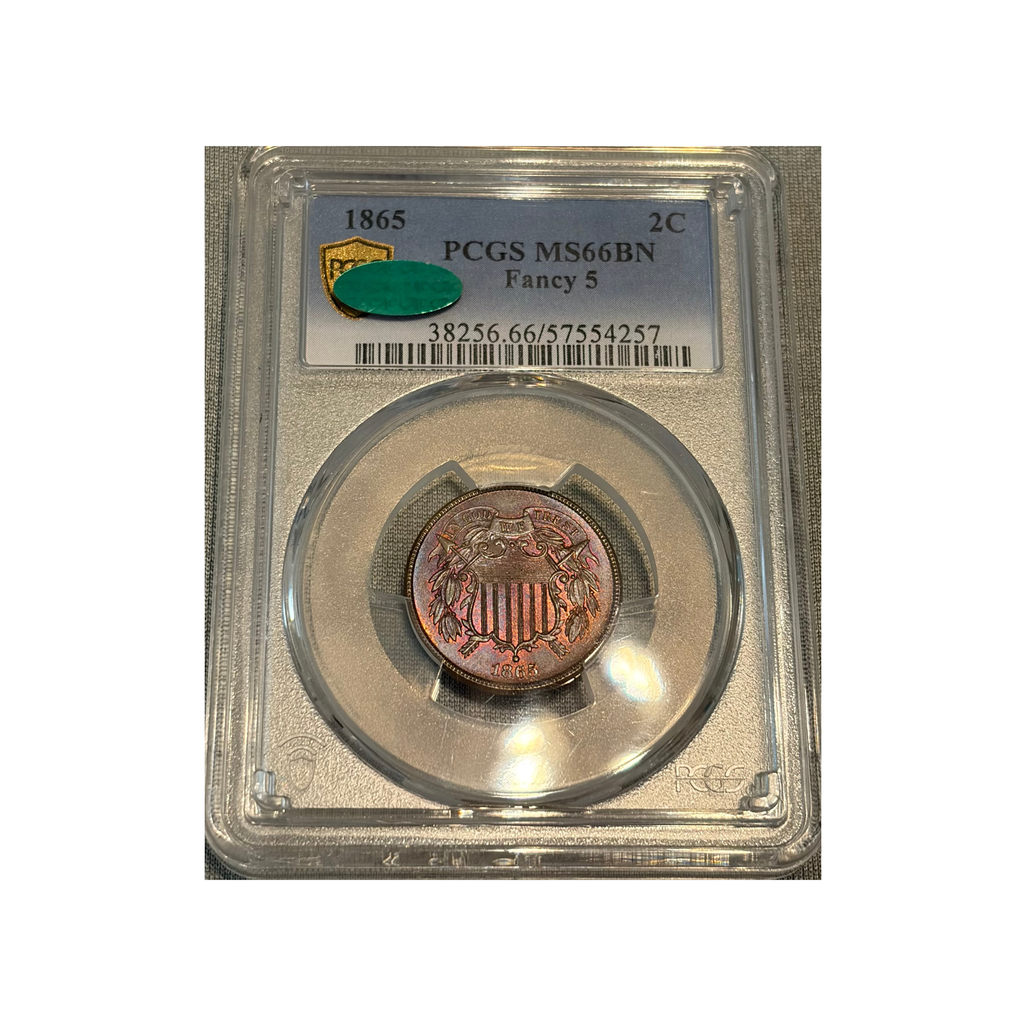 1865 "Fancy 5" 2c   PCGS MS 66 BN (CAC)