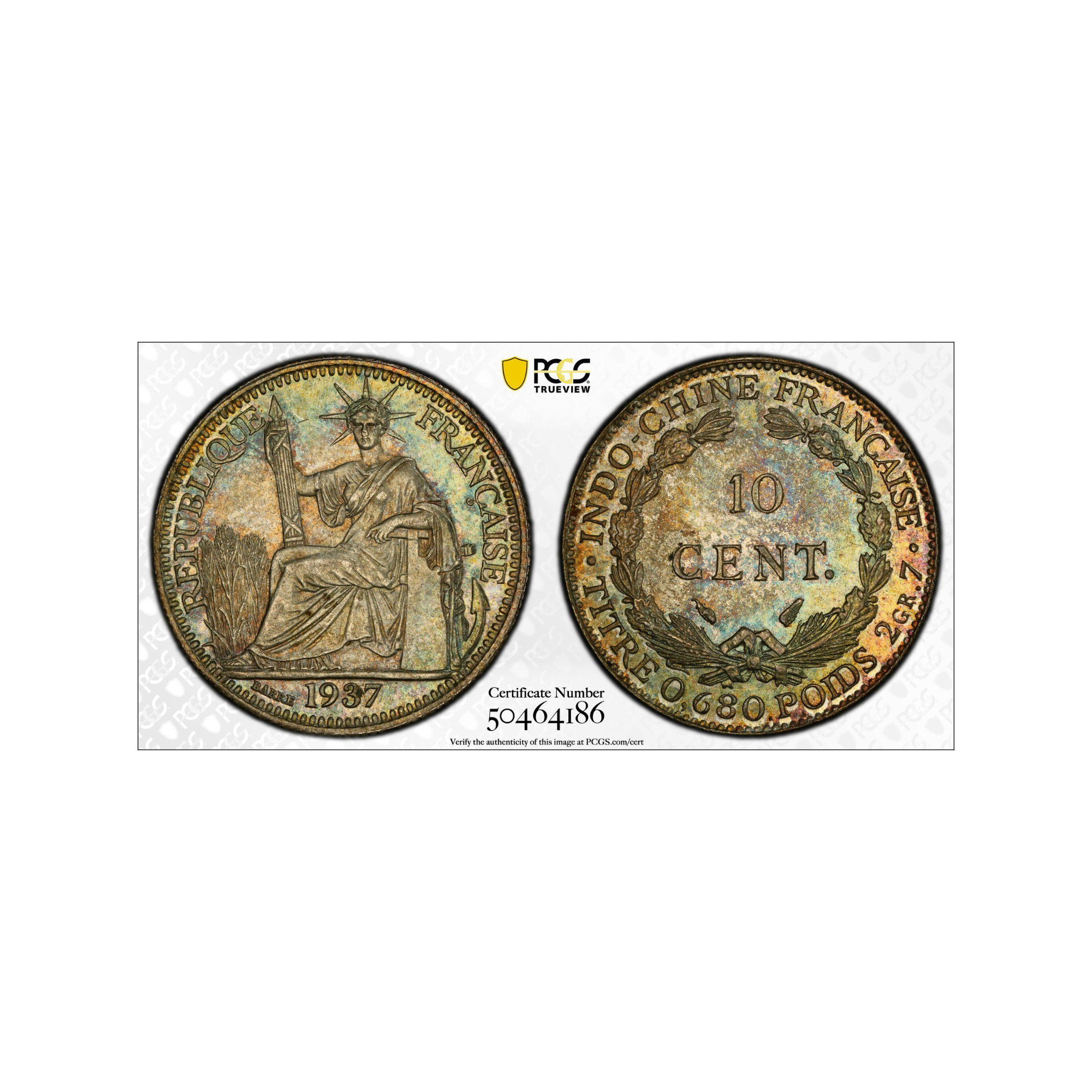 1937 French Indo-China 10 Centimes  PCGS MS 65