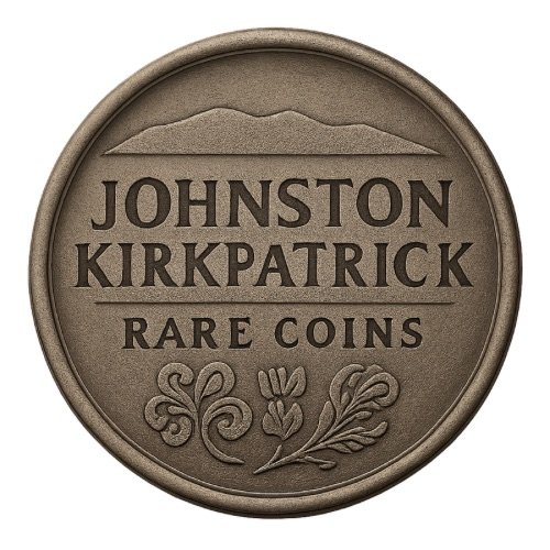A round coin engraved with mountains at the top, the text 'JOHNSTON KIRKPATRICK' in the center, and 'RARE COINS' below. The bottom features decorative floral motifs.