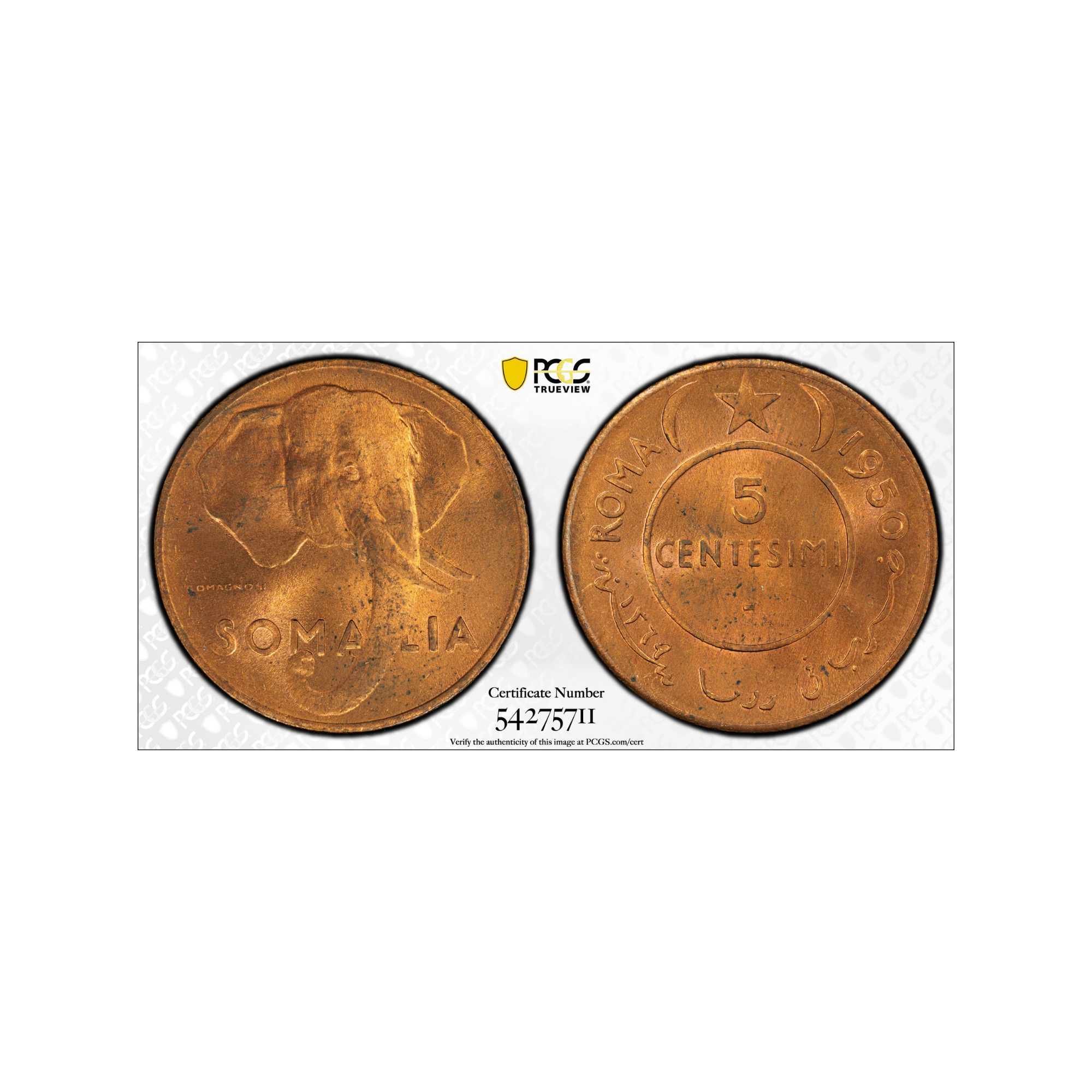 1950 Somalia 5 Centesimi  PCGS MS 64 RD