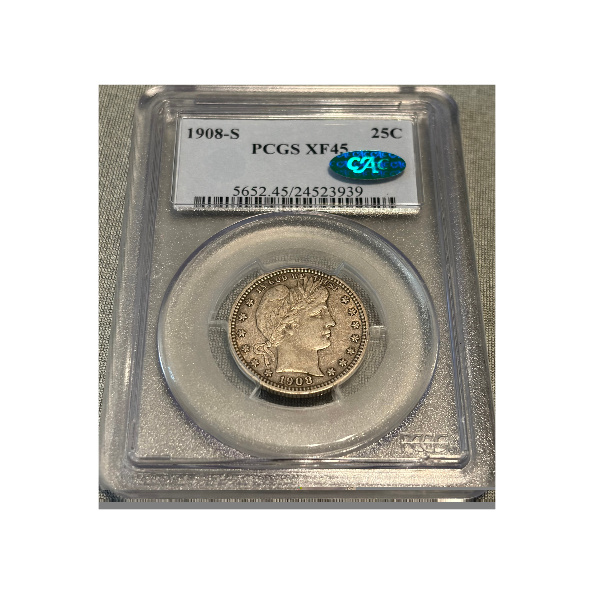 (**NEW**)  1908 S Barber 25c  PCGS XF 45 (CAC)