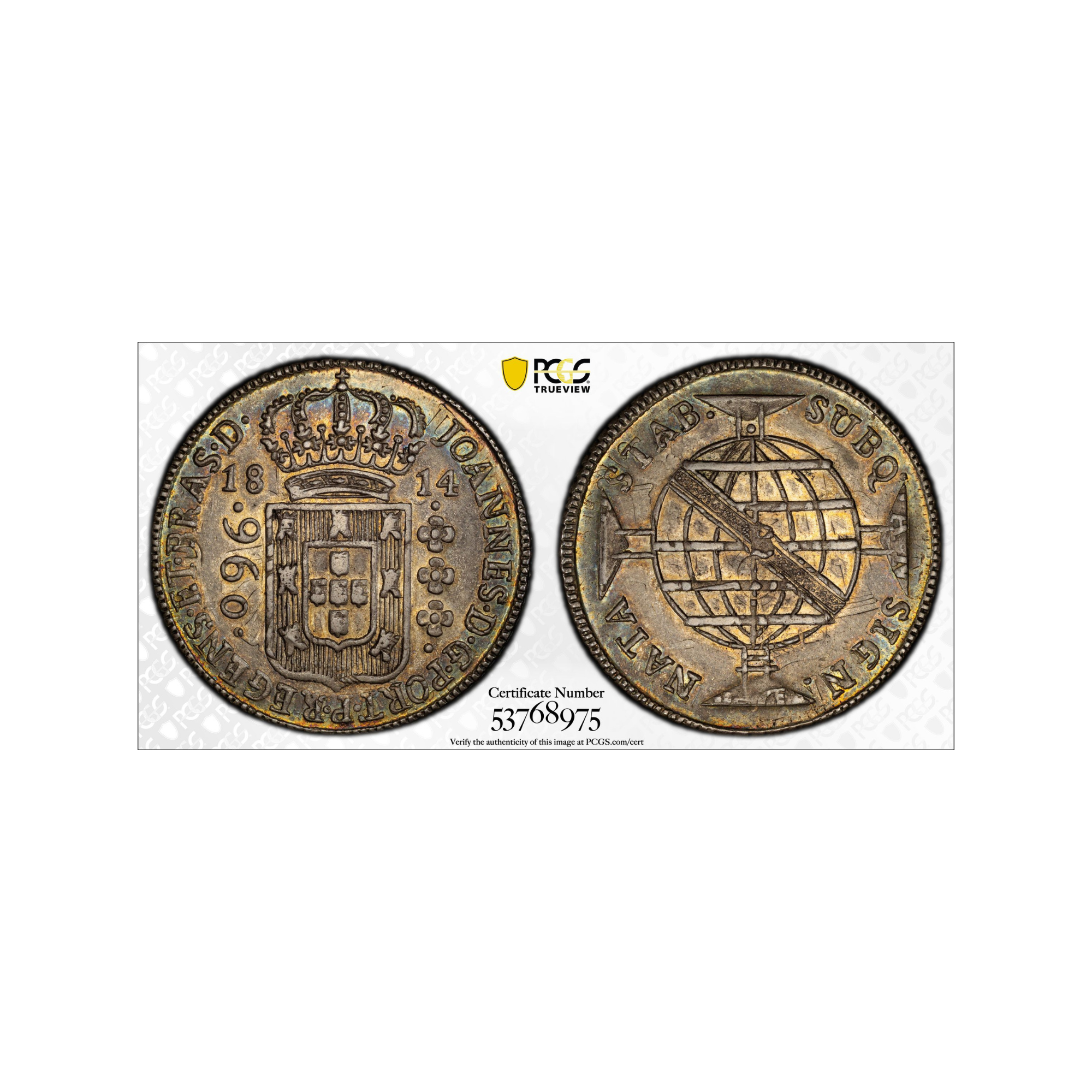 (**NEW**) 1814 B Brazil 960 Reis (Struck over Spanish Colonial 8R)  PCGS AU 58