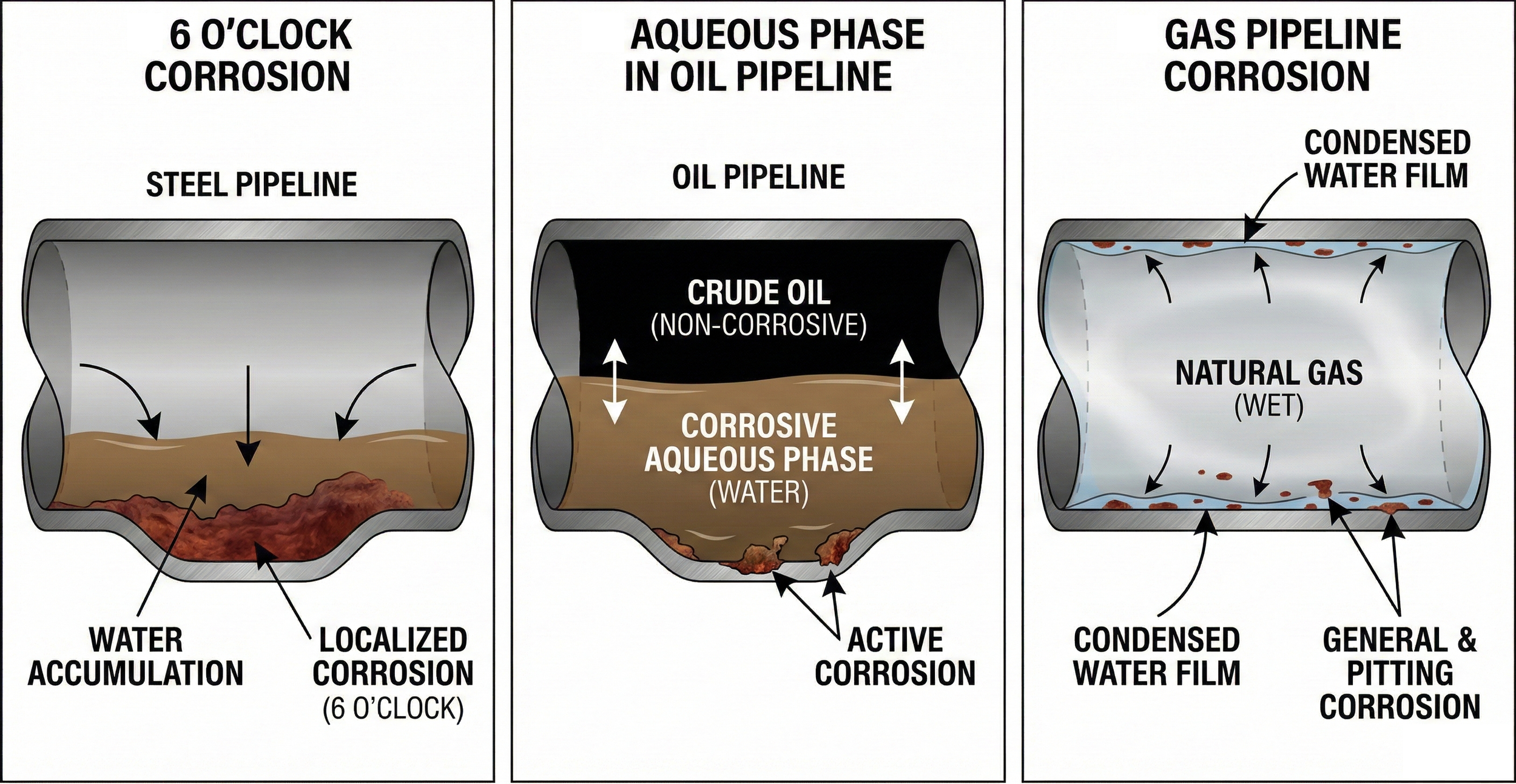 Illustrations of common corrosion scenarios in oil & gas pipelines