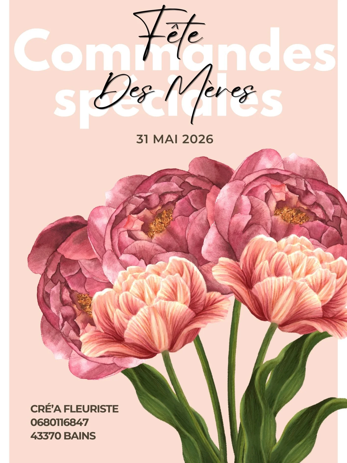 🌸 F&Ecirc;TE DES M&Egrave;RES 🌸

Le 31 mai approche &agrave; grand pas ! ✨
Soyez s&ucirc;r de lui faire plaisir en lui offrant des fleurs 💐

✅ Bouquets de fleurs fra&icirc;ches, compositions artificielles ou s&eacute;ch&eacute;es personnalis&eacut
