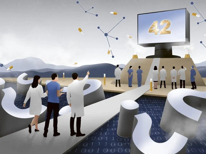 Group of scientists and doctors observing a large screen showing the number 42, with floating pills, molecular structures, and digital elements in the background.