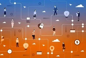 Illustration of people connected by a network of lines and icons representing technology, communication, and digital connectivity.