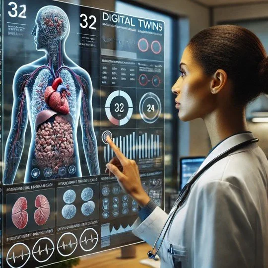 A female doctor or scientist interacting with a digital medical display showing human anatomy, including the brain, heart, and lungs, along with various health data and charts.
